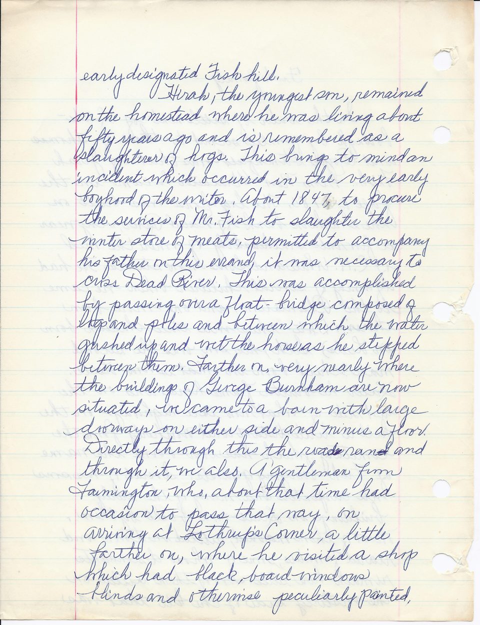 The next loose-leaf page of the Fish family history, closely written in blue ink between the blue rules.
